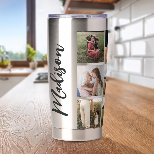 Modern Photo Collage Elegant Script Monogram Name Insulated Tumbler (Creator Uploaded)
