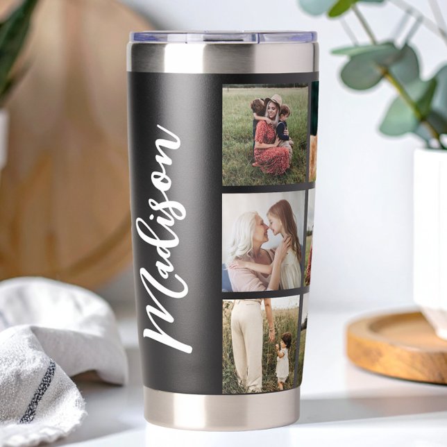 Modern Photo Collage Elegant Script Monogram Name Insulated Tumbler (Creator Uploaded)