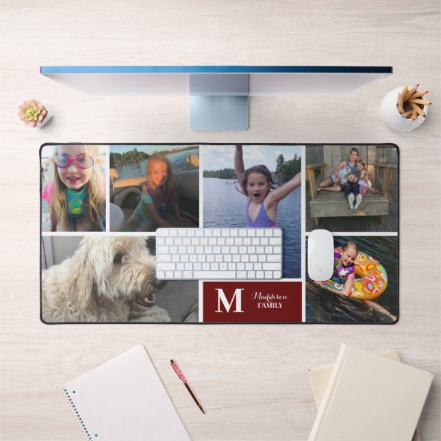 Modern Photo Collage Family Last Name Monogram Desk Mat (Office 1)