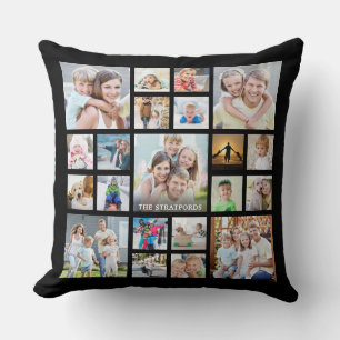Modern Photo Collage Family Name or Title Black Throw Pillow