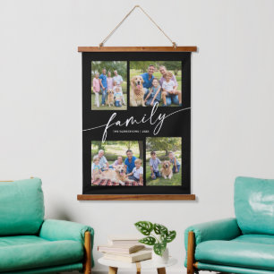 Modern Photo Collage Family Script Keepsake Hanging Tapestry