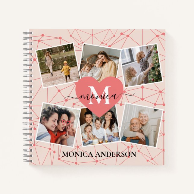 Modern Photo Collage Girly Pink Monogram Name Notebook (Front)