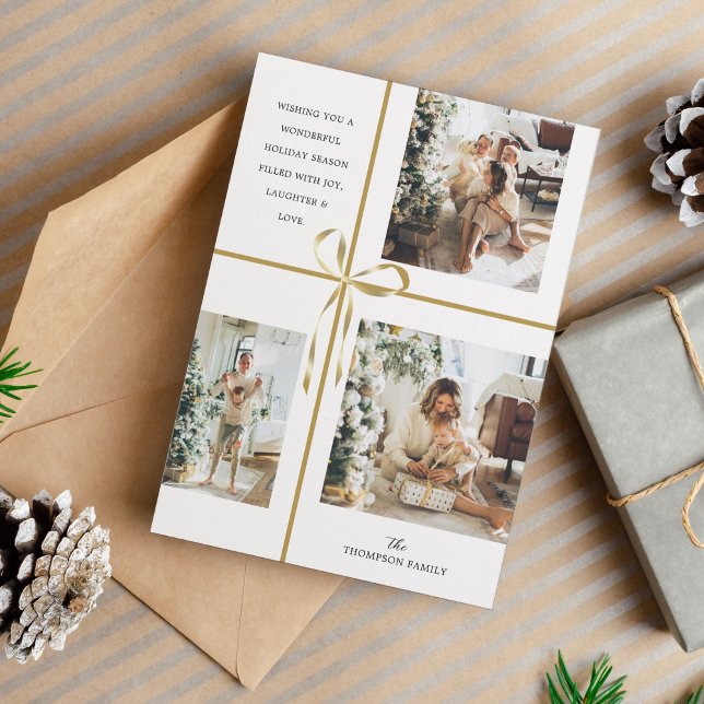 Modern Photo Collage Gold Box Ribbon Christmas Holiday Card (Creator Uploaded)
