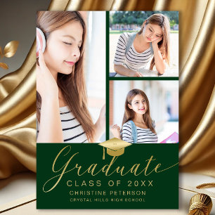 Modern Photo Collage Gold Script Green Graduation Announcement