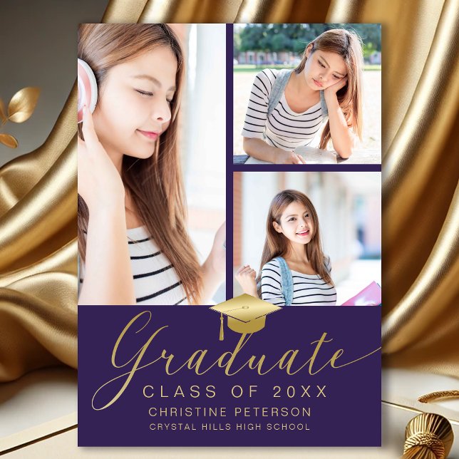 Modern Photo Collage Gold Script Purple Graduation Announcement (Modern Photo Collage Purple and gold Graduation Announcement)