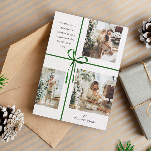 Modern Photo Collage Green Box Ribbon Christmas Holiday Card