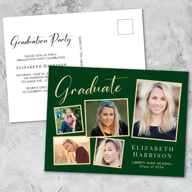 Modern Photo Collage Green Gold Graduation Party Invitation Postcard (Creator Uploaded)