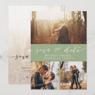 Modern Photo Collage Handwritten Sage Green Announcement