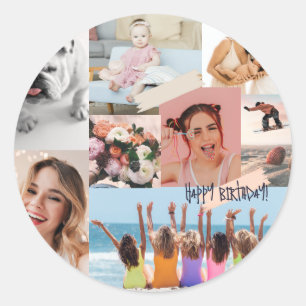 Modern photo collage Happy birthday Cute Classic Round Sticker
