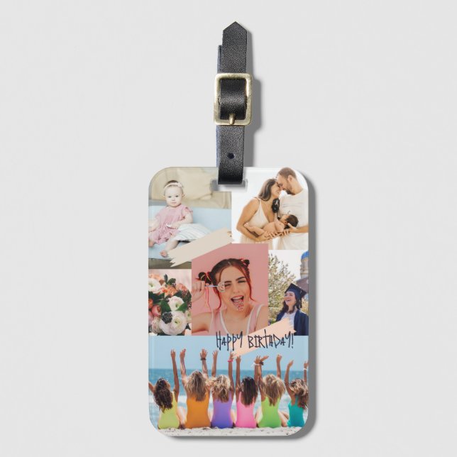 Modern photo collage Happy birthday Cute Luggage Tag (Front Vertical)