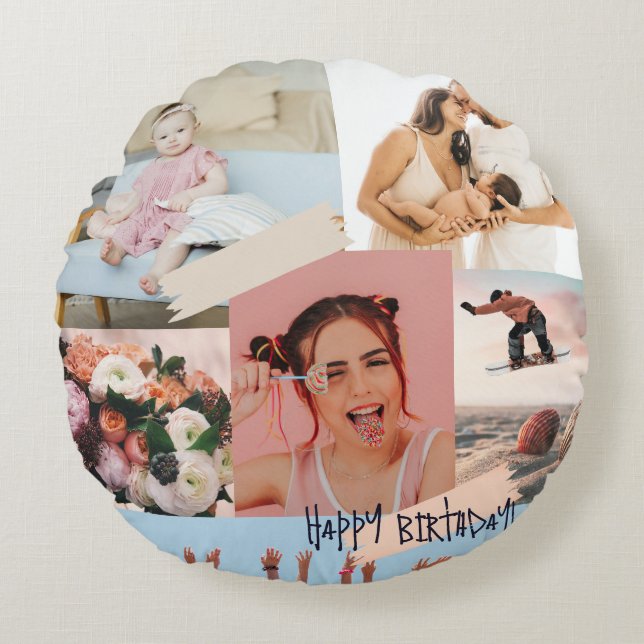 Modern photo collage Happy birthday Cute Round Pillow (Front)
