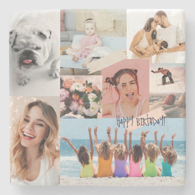 Modern photo collage Happy birthday Cute Stone Coaster (Front)