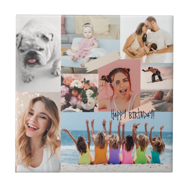 Modern photo collage Happy birthday Cute Tile (Front)
