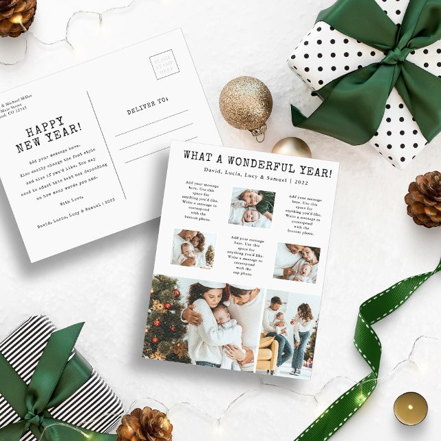 Modern Photo Collage Holiday Postcard (What A Wonderful Year Photo Collage Holiday Christmas Postcard)