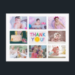 Modern Photo Collage Kids Birthday Thank You Postcard<br><div class="desc">Colourful kids thank you postcard. Design features of 8 photos collage and colourful thank you in the middle. Aadd your message and address on the back. To edit this template click customize further.</div>