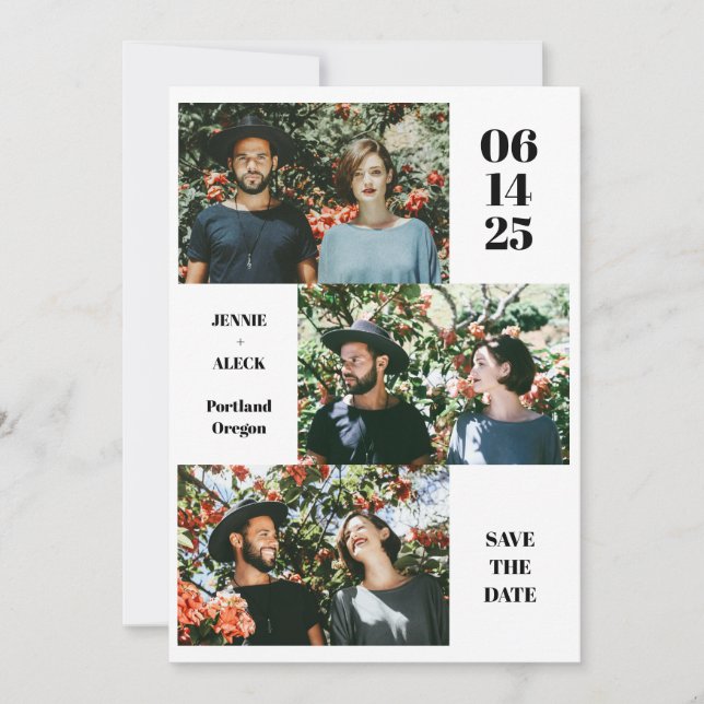 Modern Photo Collage Layout Fun White Chic Wedding Save The Date (Front)