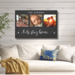 Modern Photo Collage Let's Stay Home Canvas Print<br><div class="desc">This stunning canvas wall art features a beautiful three-frame photo collage showcasing cherished memories, adorned with the heartfelt message, "Let's Stay Home." The elegant black and white design, combined with exquisite script and print typography, creates a sophisticated and enduring piece that will complement any interior style. Personalize it with your...</div>