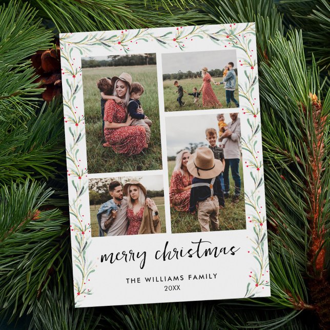 Modern Photo Collage Minimal Christmas Botanical Holiday Card (Creator Uploaded)