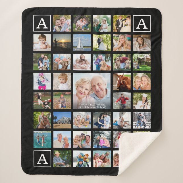 Modern Photo Collage Monogram Black Sherpa Blanket (Front)