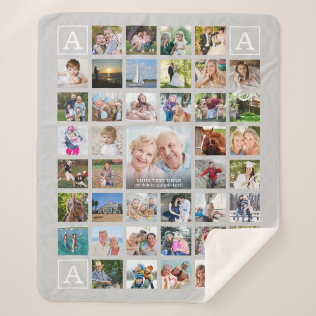 Modern Photo Collage Monogram Personalized Grey Sherpa Blanket (Front)