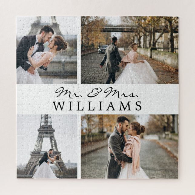 Modern Photo Collage Newlyweds Monogram White Jigsaw Puzzle (Vertical)