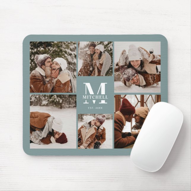 Modern Photo Collage Personalized Monogram Green Mouse Pad (With Mouse)