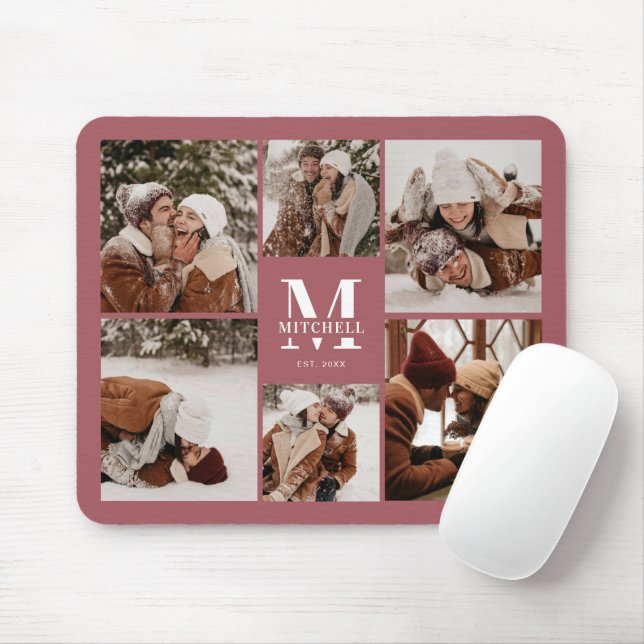 Modern Photo Collage Personalized Monogram Pink Mouse Pad (With Mouse)