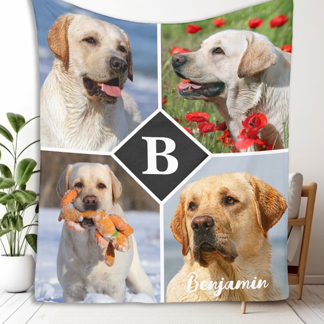 Modern Photo Collage Pet Dog Personalized Monogram Fleece Blanket (Creator Uploaded)
