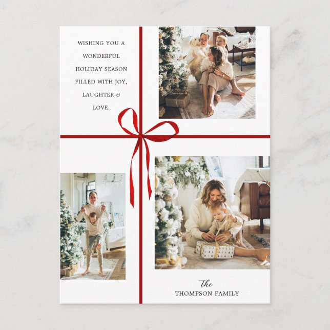 Modern Photo Collage Red Gift Box Ribbon Christmas Holiday Postcard (Front)