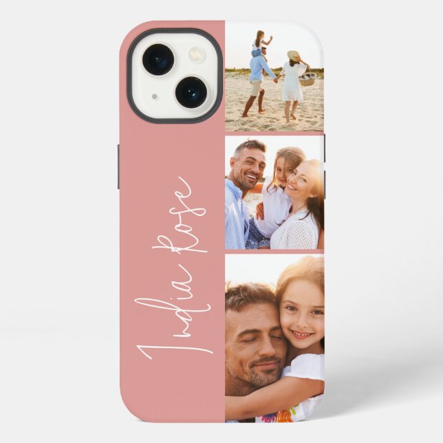 Modern photo collage rose pink initial monogram iPhone case (Back)