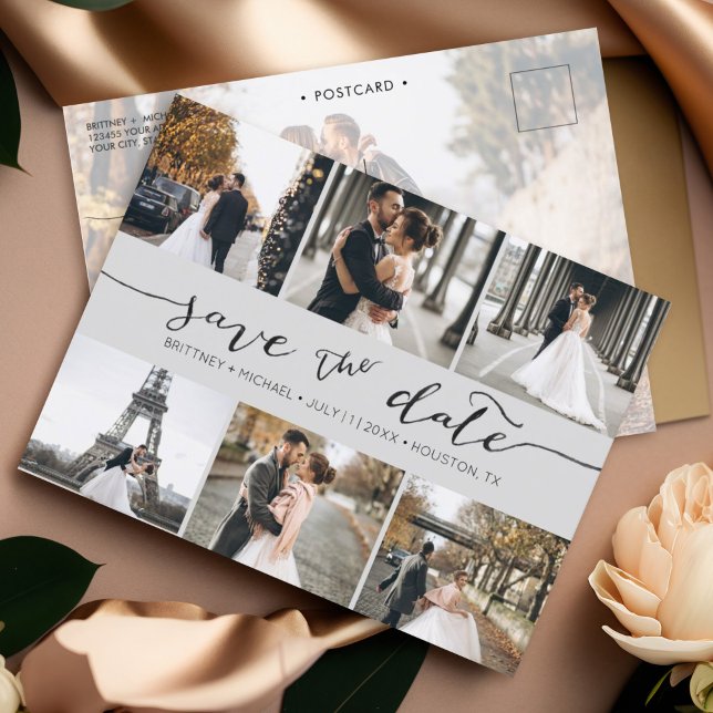 Modern Photo Collage Save the Date Grey Announcement Postcard (Save the Date hand lettered minimalistic photo collage postcard with photo on the back.)
