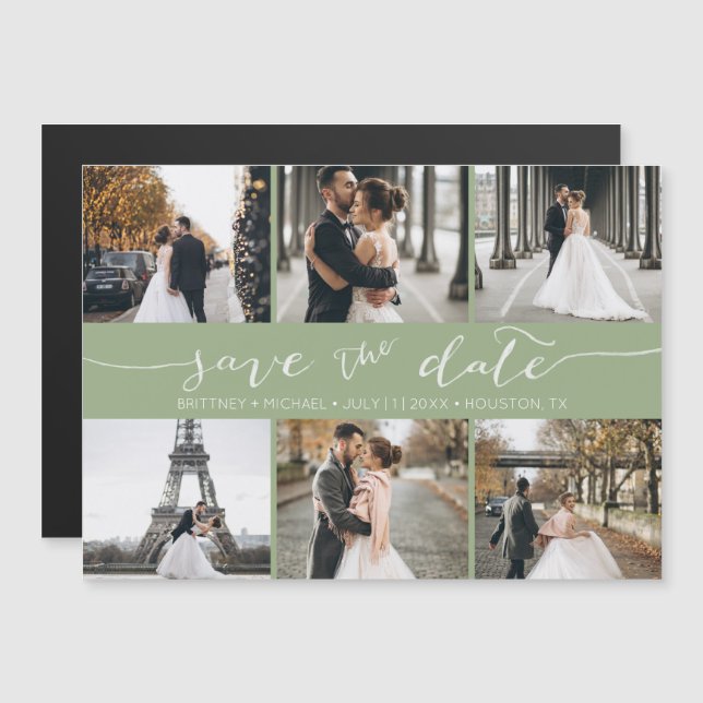 Modern Photo Collage Save the Date Sage Green (Front/Back)