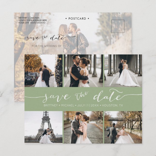 Modern Photo Collage Save the Date Sage Green Announcement Postcard (Front/Back)