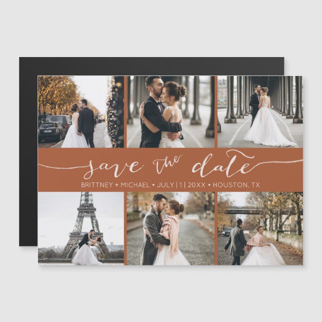 Modern Photo Collage Save the Date Terracotta (Front/Back)