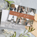 Modern Photo Collage Save the Date Terracotta<br><div class="desc">Pick the best pictures from your engagement shoot or your favourite pictures of the two of you for this perfect save the date. The words save the date are handwritten to give a personal feel to the card. The front has 6 images and the back has a large image with...</div>