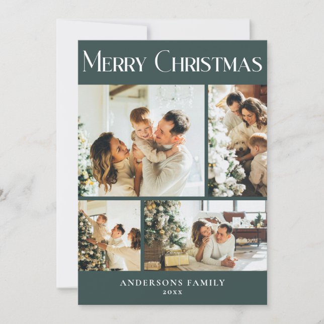 Modern Photo Collage Scandinavian Green Christmas Holiday Card (Front)