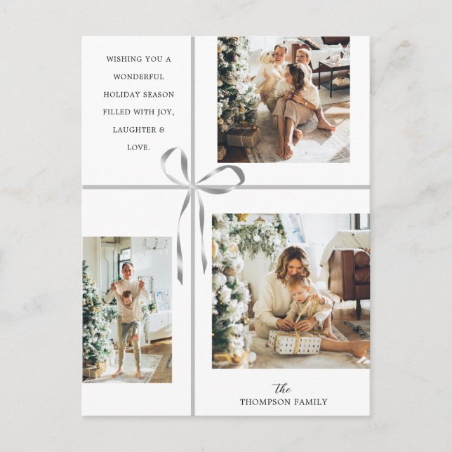 Modern Photo Collage Silver Box Ribbon Christmas Holiday Postcard (Front)