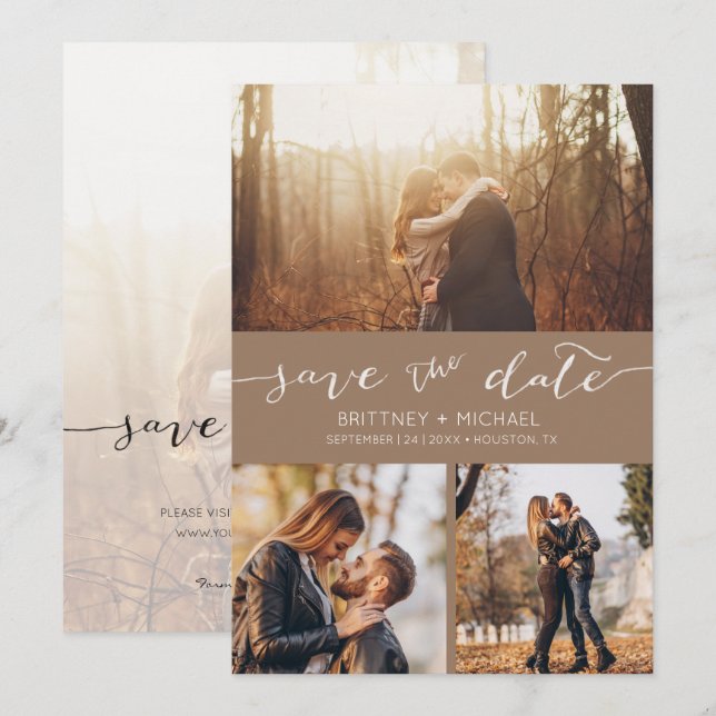 Modern Photo Collage Tan Save the Date Announcement (Front/Back)
