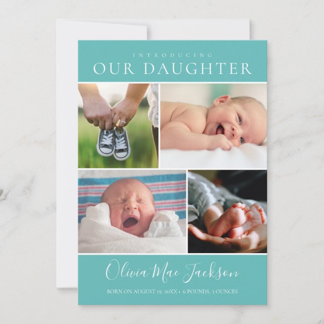 Modern Photo Collage Teal Baby Girl Birth Announcement (Front)