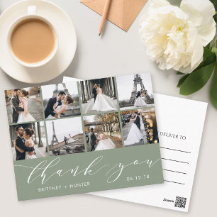Modern Photo Collage Thank You Sage Green Postcard