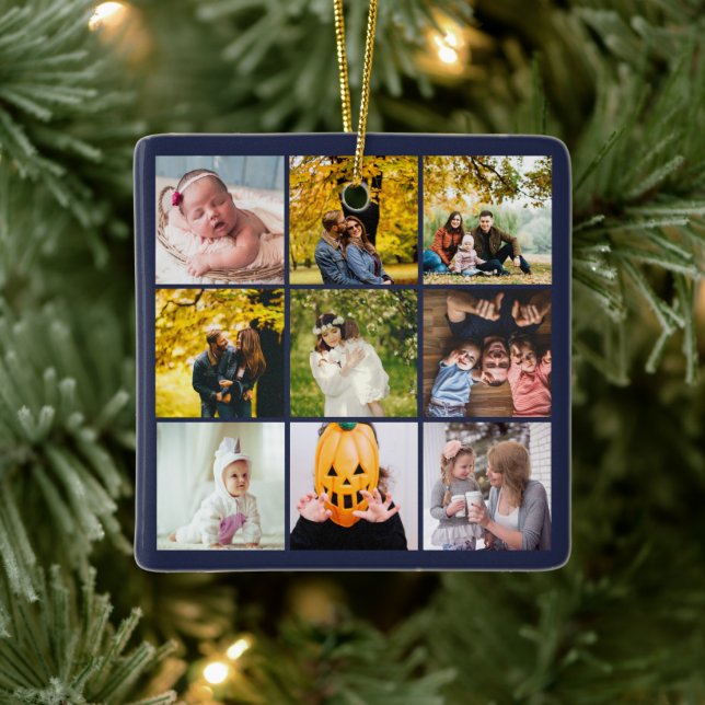 Modern Photo Collage What a Year Monogram Navy Ceramic Ornament (Tree)