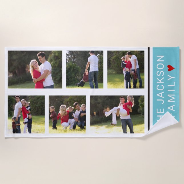 Modern photo collage with six photos blue beach towel (Front)