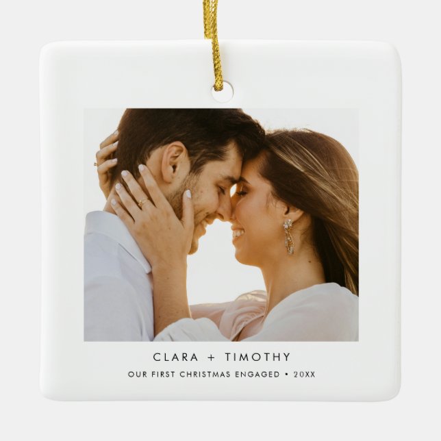Modern Photo Couple Engagement Holiday Ceramic Ornament (Front)