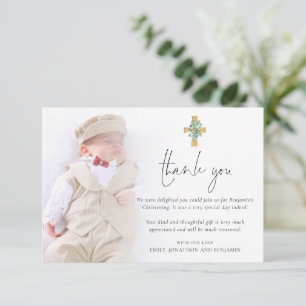 Modern Photo Cross Christening Baptism Thank You Card