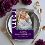 Modern Photo Dark Purple 40th Birthday Invitation<br><div class="desc">Celebrate your milestone in bold style with this dark purple and white 40th birthday photo invitation, featuring a vertical “FORTY” design and modern layout. The deep purple background adds a rich, elegant feel, while your personalized photo makes the invitation uniquely yours. Perfect for sophisticated gatherings, cocktail parties, or intimate birthday...</div>