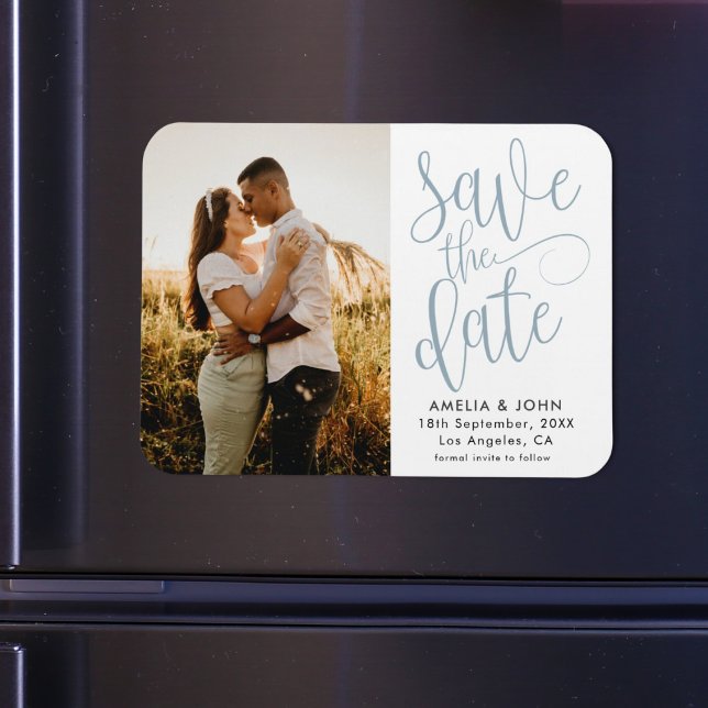 Modern Photo Dusty Blue Save the Date Wedding Magnet (Creator Uploaded)