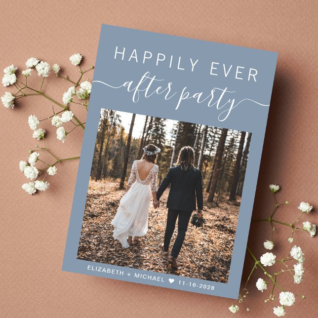 Modern Photo Dusty Blue Wedding Reception Announcement (An chic Happily Ever After Party Invitation to set the tone for an unforgettable event)
