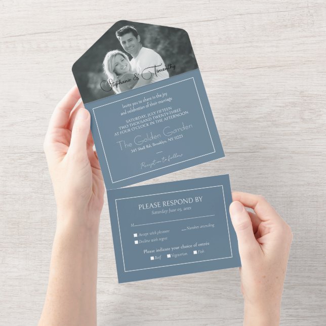 Modern Photo Dusty Blue Wedding RSVP All In One Invitation (Tearaway)