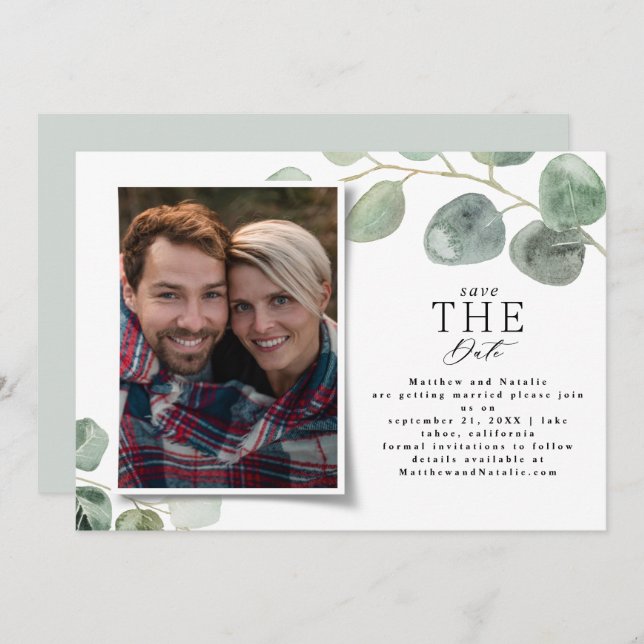 Modern photo elegant eucalyptus save the date holiday card (Front/Back)