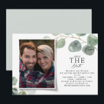 Modern photo elegant eucalyptus save the date holiday card<br><div class="desc">Modern photo elegant eucalyptus save the date and stylish script card. Hand painted eucalyptus,  minimal foliage and modern rustic rattan wreath give this stylish save the date card a luxurious feel. In classy greens,  browns and greys.</div>